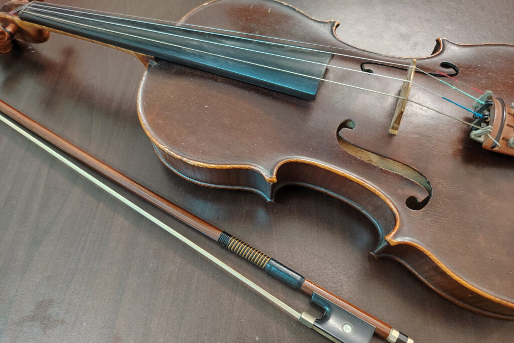 Close-up of a violin and bow
